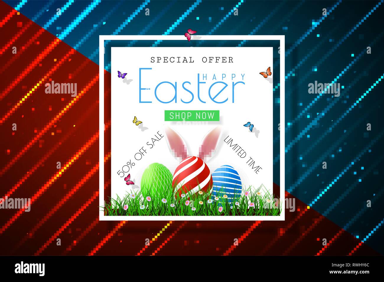 Happy Easter sale banners with realistic Easter rabbir`s ears, vector. Stock Vector